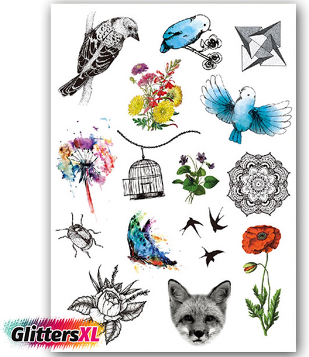 GlittersXL - Temporary Tattoo Vogels/Bloemen/Natuur (A5 formaat) [Neptattoo - Tijdelijke tatoeage - Nep Fake Tattoos - Water overdraagbare festival sticker henna outfit tattoo - Glitter tattoo - Volwassenen Kinderen Jongen Meisje]